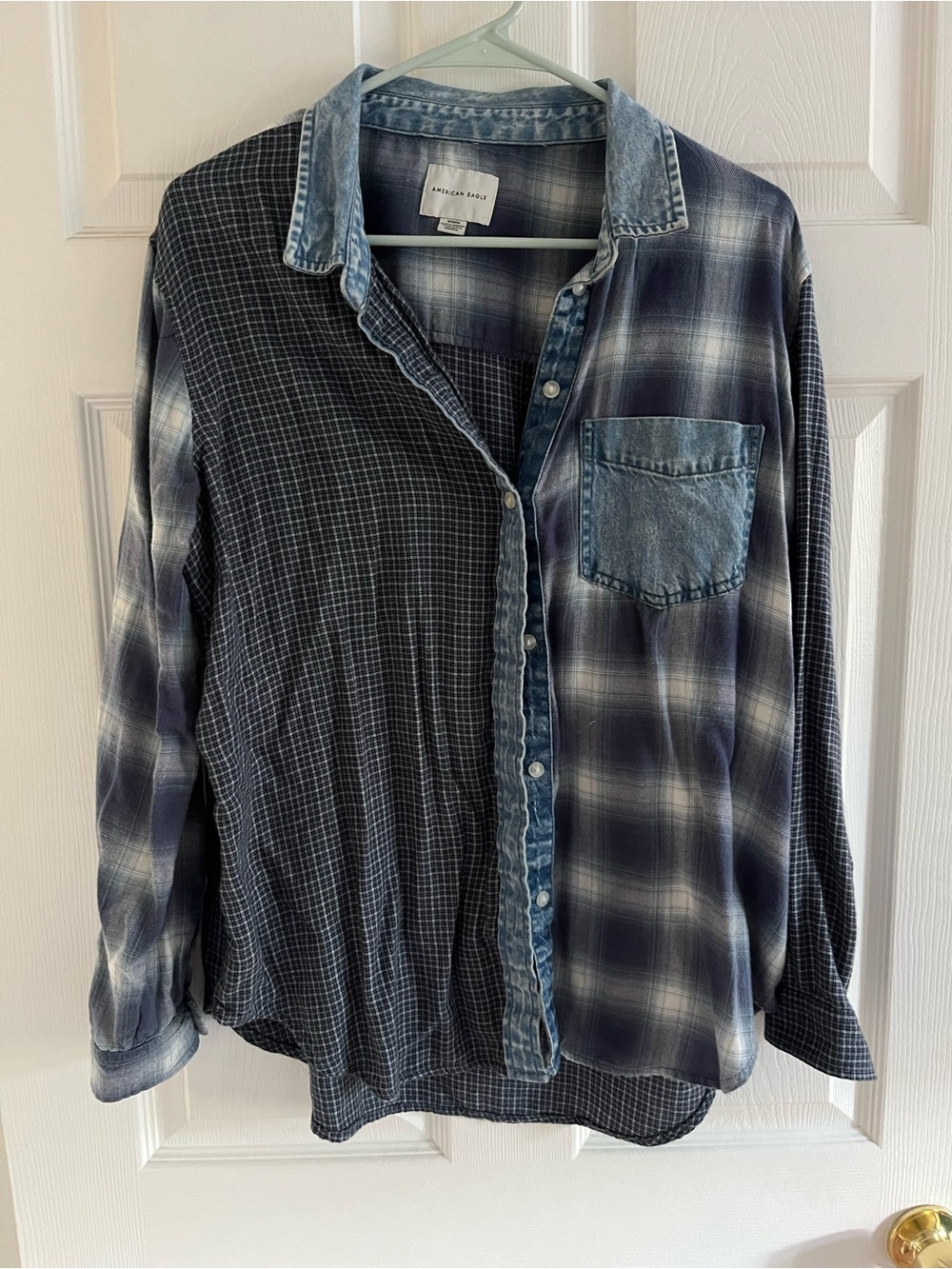 American Eagle Plaid Denim Trim Button Up